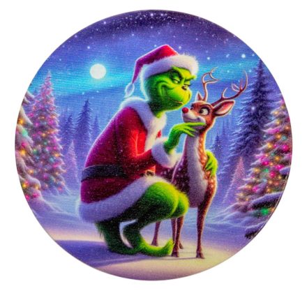 Nyomtatott fa tábla koszorú közép Grinch őzikével 11,8cm