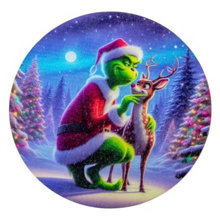 Nyomtatott fa tábla koszorú közép Grinch őzikével 14,8cm