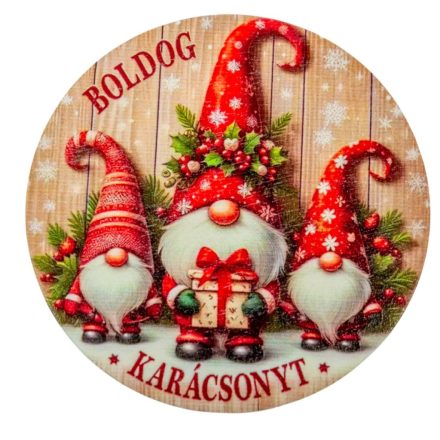 Nyomtatott fa tábla koszorú közép Piros manók 11,8cm