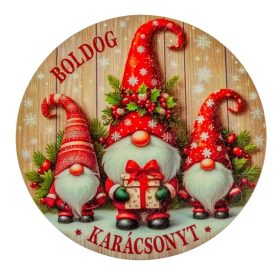 Nyomtatott fa tábla koszorú közép Piros manók 14,8cm