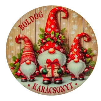 Nyomtatott fa tábla koszorú közép Piros manók 14,8cm