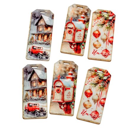 Nyomtatott dekorkarton Karácsonyi piros téma biléta 5,5cm 6db-os