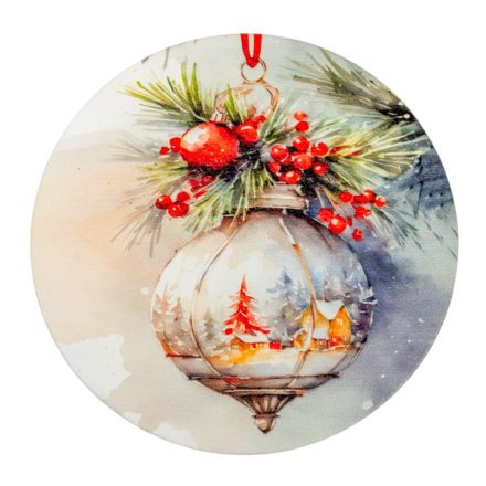 Nyomtatott fa tábla koszorú közép - Karácsonyi piros téma 11,8cm