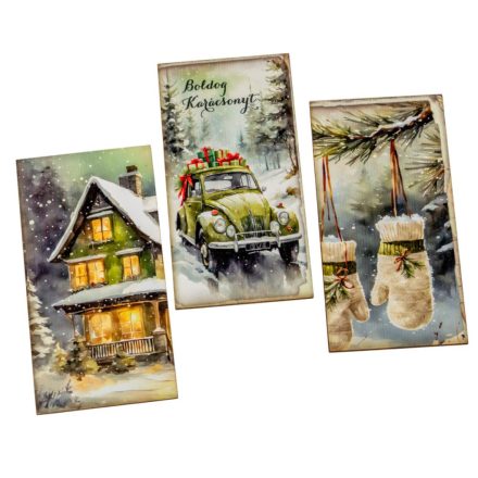 Nyomtatott dekorkarton Karácsonyi zöld téma tábla 9,5cm 3db-os