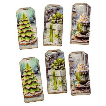 Nyomtatott dekorkarton Karácsonyi zöld téma biléta 5,5cm 6db-os