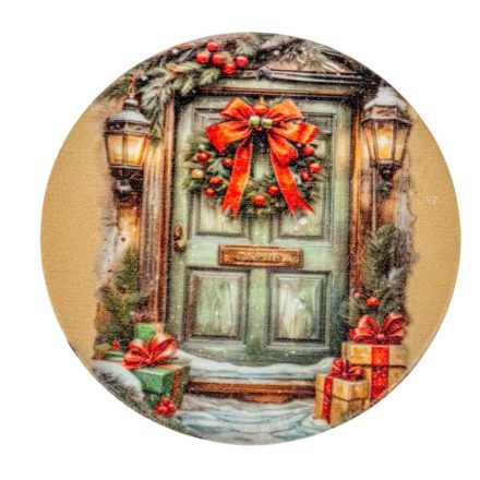 Nyomtatott fa tábla koszorú közép - Karácsonyi piros-zöld téma 11,8cm