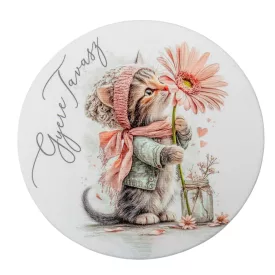   Nyomtatott fa tábla koszorú közép - Gyere tavasz cicás 11,8cm