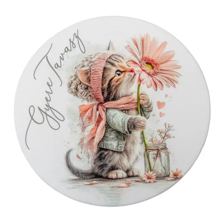 Nyomtatott fa tábla koszorú közép - Gyere tavasz cicás 11,8cm