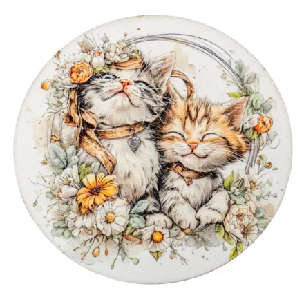 Nyomtatott fa tábla koszorú közép - 2 cicás 14,8cm