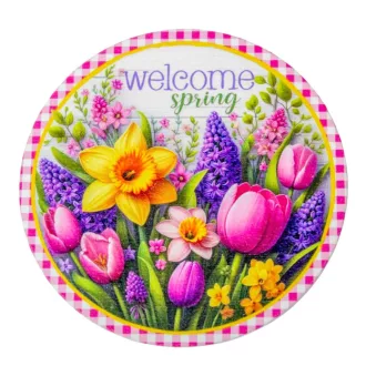   Nyomtatott fa tábla koszorú közép - Welcome Spring 11,8cm