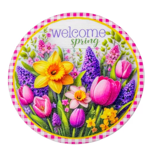 Nyomtatott fa tábla koszorú közép - Welcome Spring 11,8cm