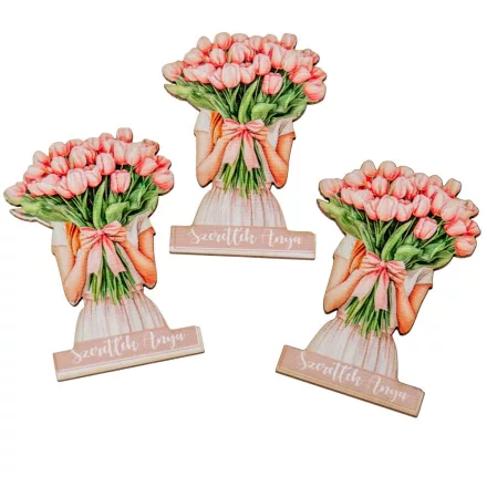 Nyomtatott dekorkarton  Tulipános lány Szeretlek anya 7cm 3db-os