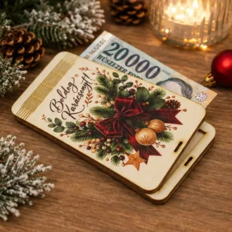   Nyomtatott fa  Karácsonyi pénzátadó nyitható  Bordó masnis 18x10cm