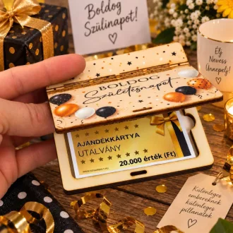   Nyomtatott fa Születésnapi ajándékkártya átadó nyitható  arany-fekete 10,5x9cm