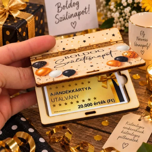 Nyomtatott fa Születésnapi ajándékkártya átadó nyitható  arany-fekete 10,5x9cm