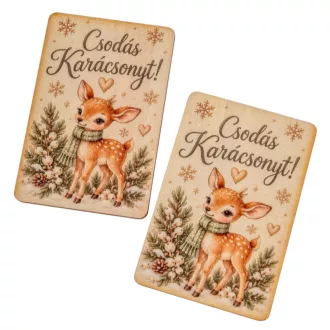  Nyomtatott fa tábla  Karácsonyi krém/zöld tábla  őzikés 9cm 2db-os