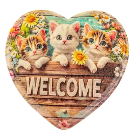 Nyomtatott fa tábla szív peremes cicás 15cm