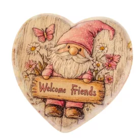 Nyomtatott fa szív peremes rózsaszín manós 15cm