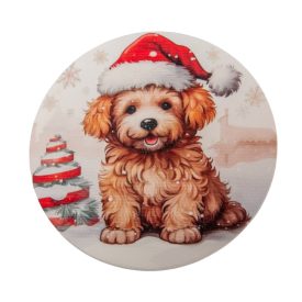   Nyomtatott fa tábla koszorú közép - Karácsonyi mini kutyus 11,8cm