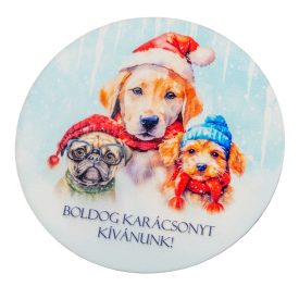  Nyomtatott fa tábla koszorú közép -Boldog Karácsonyt kutyusos 14,8cm