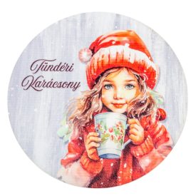   Nyomtatott fa tábla koszorú közép-Tündéri Karácsony kislány 14,8cm