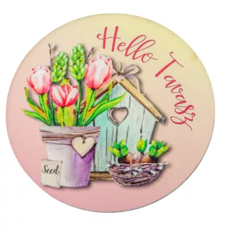   Nyomtatott fa tábla koszorú közép Hello Tavasz - tulipános 11,8cm