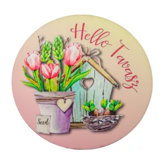   Nyomtatott fa tábla koszorú közép Hello Tavasz  tulipános 14,8cm