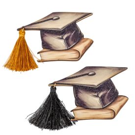   Nyomtatott fa tábla  Diplomaosztó kalap fekete-arany bojttal 8cm 2db-os