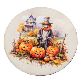   Nyomtatott fa tábla koszorú közép madárijesztő tökökkel 11,8cm