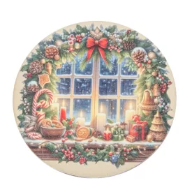   Nyomtatott fa tábla koszorú közép  Karácsonyi ablak mintával 11,8cm