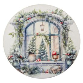   Nyomtatott fa tábla koszorú közép karácsonyi ablakos 11,8cm