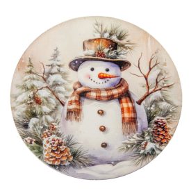   Nyomtatott fa tábla koszorú közép mosolygós hóemberes 11,8cm