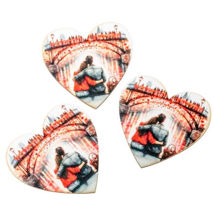 Nyomtatott dekorkarton Szív táblák Szerelmes híd 7cm 3db-os
