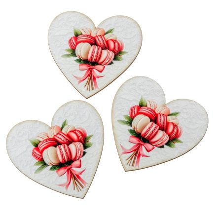 Nyomtatott dekorkarton Szív táblák  Macaron csokor 7cm 3db-os