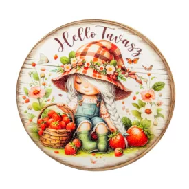   Nyomtatott fa tábla Hello tavasz kislány koszorúközép 11,8cm