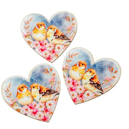 Nyomtatott dekorkarton Szív táblák Madárkák virágon 7cm 3db-os