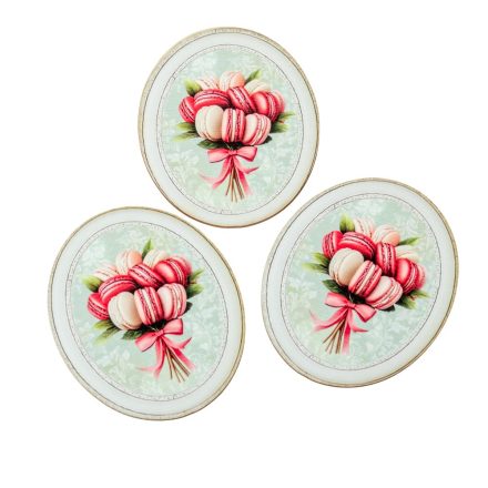 Nyomtatott dekorkarton Macaron csokor ovál tábla 8cm 3db-os