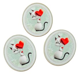   Nyomtatott dekorkarton Valentin napi cica ovál tábla 8cm 3db-os