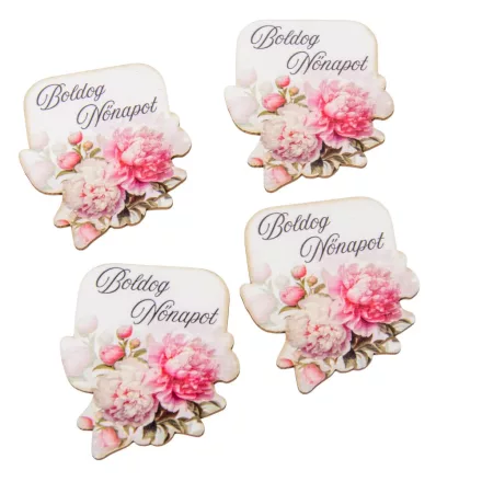 Nyomtatott dekorkarton Boldog nőnapot virágos tábla rózsaszín 6cm 4db-os