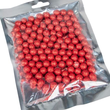 Glitteres polisztirol golyó piros 1cm kb.10-15gramm