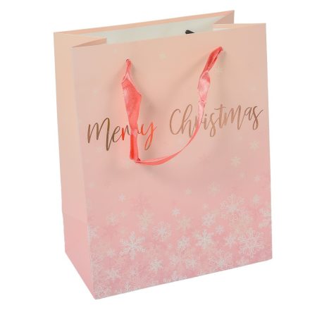 Ajándéktasak hópihés Merry Christmas felirattal rózsaszín 18x23cm