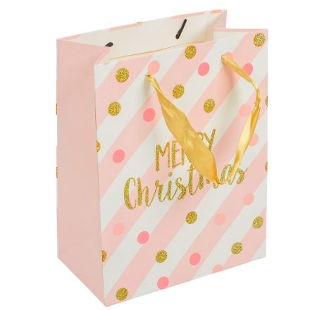 Papír tasak glitteres Merry Christmas felirattal rózsaszín 18x23cm
