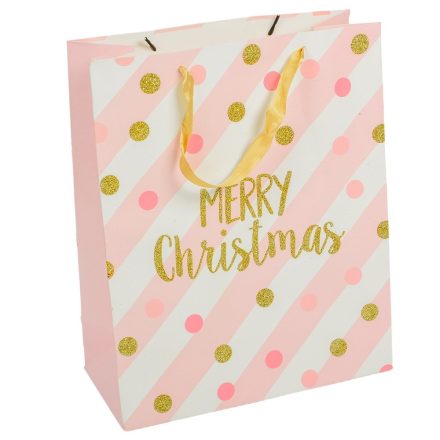 Papír tasak glitteres Merry Christmas felirattal rózsaszín 26x32cm