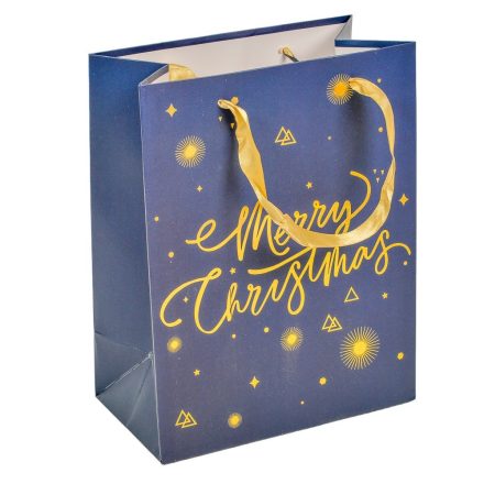 Ajándéktasak csillagokkal Merry Christmas felirattal kék arany 18x23cm