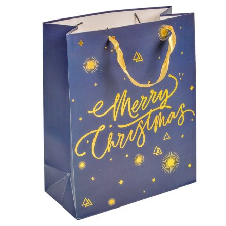 Ajándéktasak csillagokkal  Merry Christmas felirattal kék arany 26x32cm