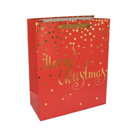 Papír tasak Merry Chirstmas felirattal piros-arany 18x23cm