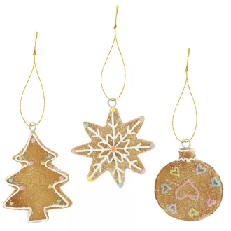   Mézeskalács fenyő, csillag, gömb glitteres akasztós poly 8,5cm