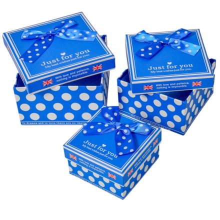 Papír doboz négyzetes kék pöttyös masnis 13,5-11,5-9,5cm 3db-os