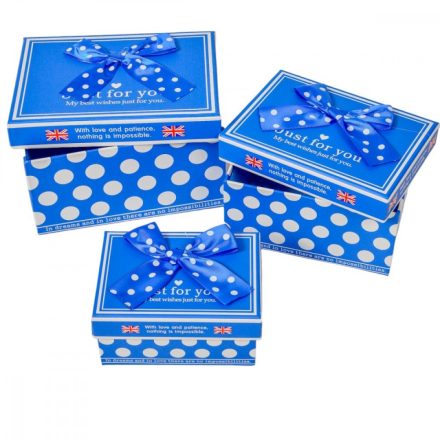 Papír doboz téglatest kék pöttyös masnis   15,5-13,5-11cm 3db-os