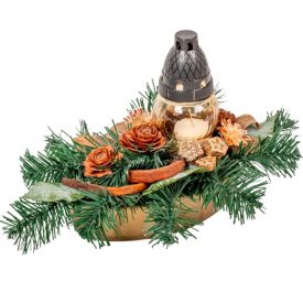   Sírdísz közepes hajóban üvegmécsessel, szárazvirággal M22x40cm